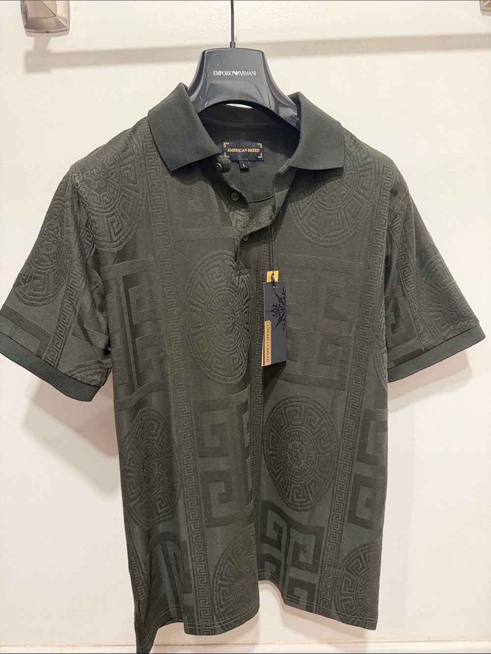 NWT American Bazi Dark Olive Green Jacquard Polo Shirt